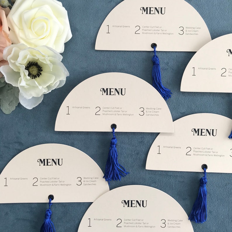 Half Moon Tassel Menus //wedding menu // mid-century // reception menu // unique wedding menu // tassel menu // tassels // wedding menu image 3