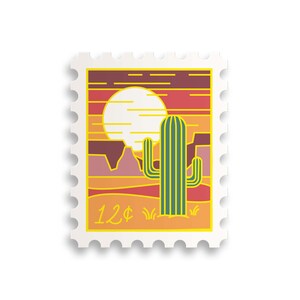 May include: A vintage-style postage stamp with a desert landscape featuring a large sun, a cactus, and mountains. The stamp is yellow with a red, orange, and brown desert scene. The stamp says "12¢" in the bottom left corner.