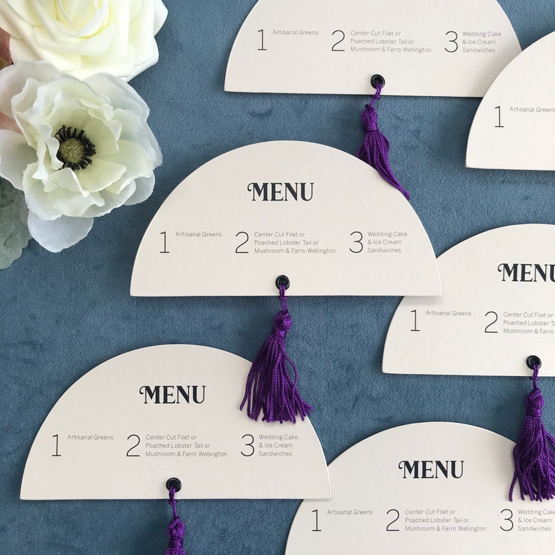 Half Moon Tassel Menus //wedding menu // mid-century // reception menu // unique wedding menu // tassel menu // tassels // wedding menu image 8