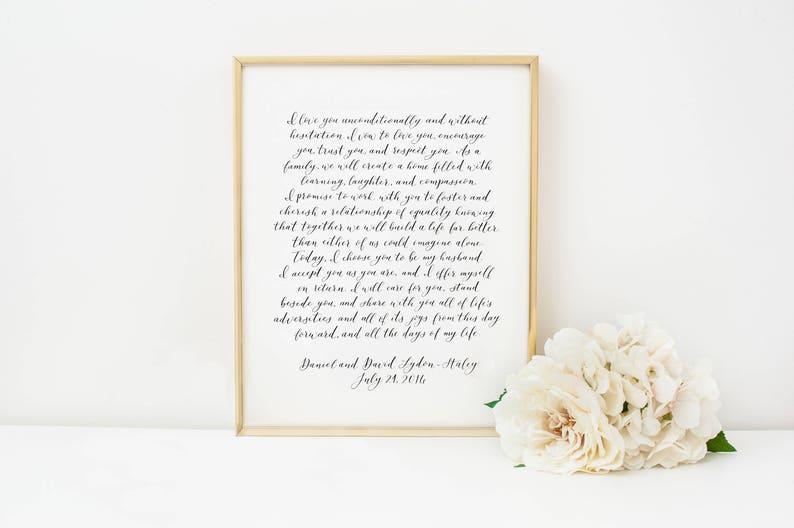 PAIR of Custom Calligraphy Wedding Vows //first anniversary image 1