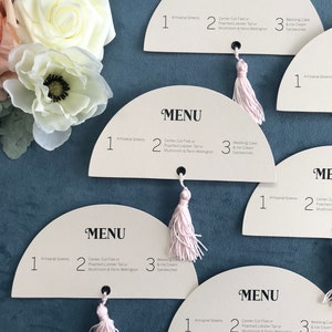 Half Moon Tassel Menus //wedding menu // mid-century // reception menu // unique wedding menu // tassel menu // tassels // wedding menu image 4