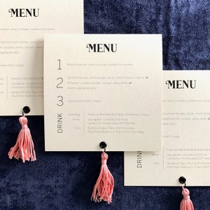 Half Moon Tassel Menus //wedding menu // mid-century // reception menu // unique wedding menu // tassel menu // tassels // wedding menu image 10