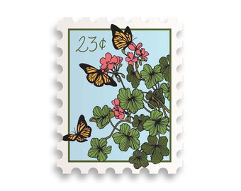 Butterflies + Geranium Stamp Sticker // flower sticker / stamp sticker / whimsical / butterfly sticker / floral / water-bottle sticker