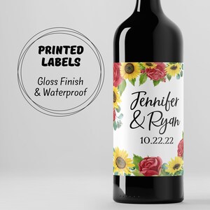 Custom Wine & Champagne Bottle Labels: Sunflower and Red Roses Design