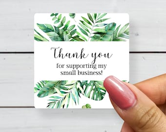 May include: A white card with a green tropical leaf border and the text "Thank you for supporting my small business!"