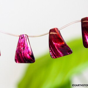 May include: A strand of iridescent abalone shell beads in a deep pink color. The beads are shaped like triangles and are strung on a clear thread.