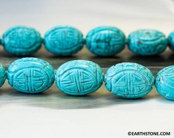 L/ Imitation Turquoise 18x25mm Carved oval beads with Blue Sleeping Beauty Color. Oriental Long Life Carving