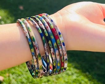 Cloisonné Floral Bangles Set of 7 Enamel Bracelets l 1990s Jewelry, Collectible, Gift for Her, Retro Bangles