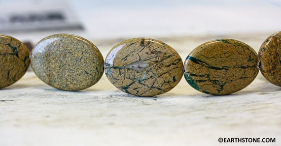 Green Line Jasper 20x30mm Flat Oval Beads 16" strand