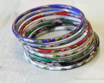 D65/ Set of 7 Vintage Chinese Cloisonné Bangles Assorted Colors Inner diameter about 65mm Packed in a plain white paperboard box