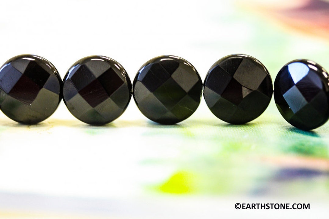 L-M/ Black Onyx 16mm/ 14mm Faceted Coin Beads 15.5