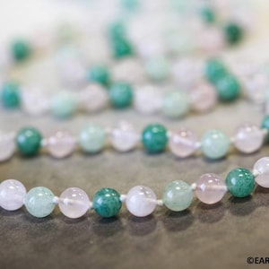 M/ 32&quot; Long Beaded Necklace w/ Mixed Quartz 8mm Round beads Knotted Loop Strand Ready to Wear Genuine Aventurine and Rose Quartz beads