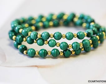 S/ Malachite 6mm Round Bracelet w/ Gold-plated beads Elastic strung Ready to wear