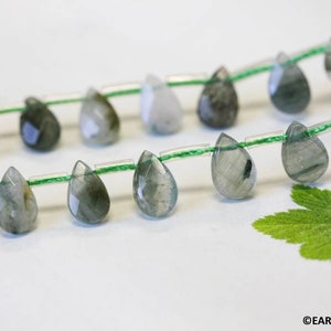 Moss Agate Flat Pear Briolette Beads, 9x6mm Natural Green Gemstone Strand, Botanical Teardrop Jewelry Making Supplies