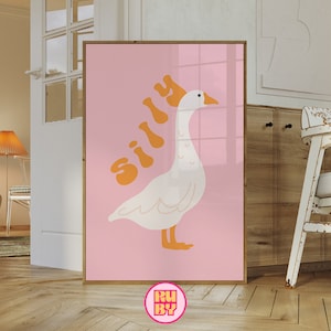 Silly Goose Wall Print: Printable Funny Duck Goose Illustration - Pink Retro Aesthetic Digital Download Art