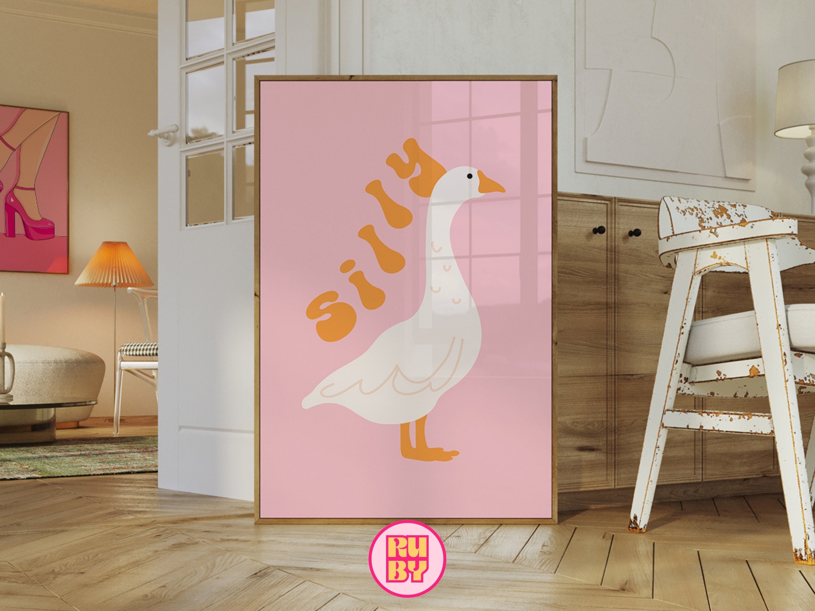 Silly Goose Wall-print: afdrukbare illustratie grappige eend: roze retro esthetische digitale downloadkunst