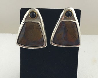 Sterling silver triangle stud earrings with black onyx and brown agate