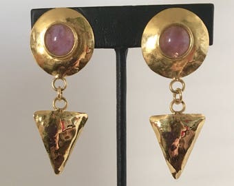 Gold plated brass circle and triangle clip earrings with amethyst stones