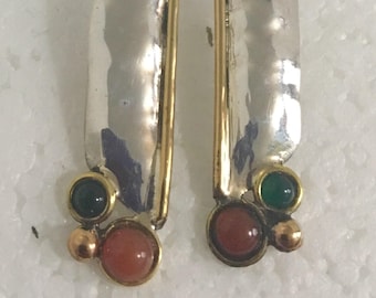 Sterling silver stud earrings with brass accents and carnelian and green onyx stones