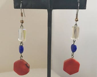 Coral, blue, and clear bead dangle hook earrings