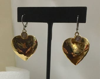 Gold plated brass heart lever back earrings with cubic zirconia