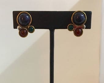 Sterling silver and brass clip earrings with lapis, carnelian, and green onyx stones