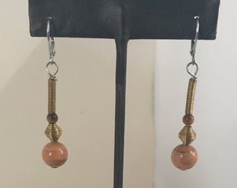 Jasper bead lever back dangle earrings with brass coils
