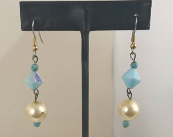 Blue and off white bead dangle hook earrings