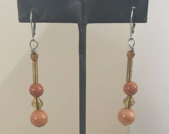 Jasper bead lever back dangle earrings with brass coils