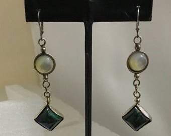 Sterling silver dangle lever back earrings with azurite/malacite and mother of pearl stones