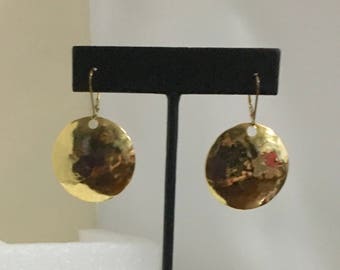 Gold plated brass hammered circle lever back earrings