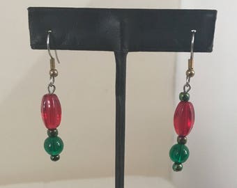 Red, green, and brass bead dangle hook earrings