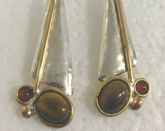 Sterling silver triangle stud earrings with brass accents and carnelian and tiger's eye stones