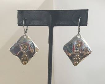 Sterling silver square lever back dangle earrings with brass nuggets