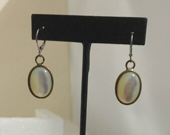 Brass oval lever back earrings with mother of pearl