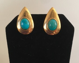 Gold plated brass raindrop stud earrings with turquoise stones