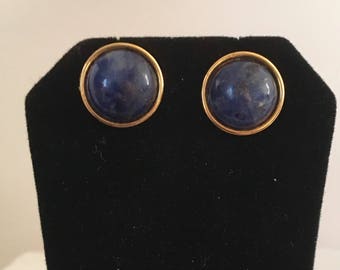 Gold plated brass circle stud earrings with blue sodalite stones