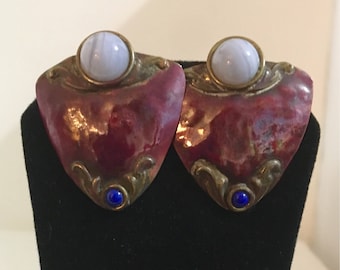 Red copper triangle stud earrings with brass accents and blue lace agate and lapis stones