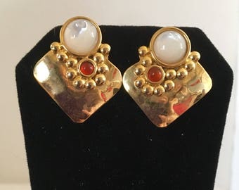 Gold plated brass square stud earrings with gold plated brass nugget accents and mother of pearl and carnelian stones