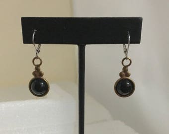 Brass circle lever back earrings with black onyx stones