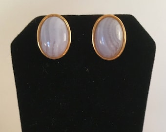 Gold plated brass oval stud earrings with oval blue lace agate stones