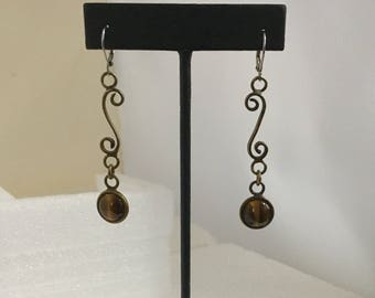 Vintage style brass lever back earrings with tiger's eye