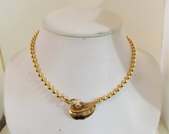 Gold plated brass leaf necklace with gold plated brass ball chain