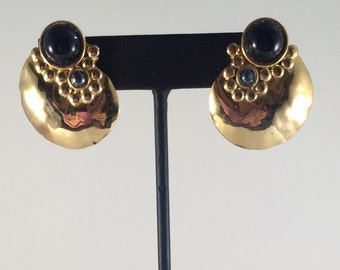 Gold plated brass circle stud earrings with black onyx and hematite.
