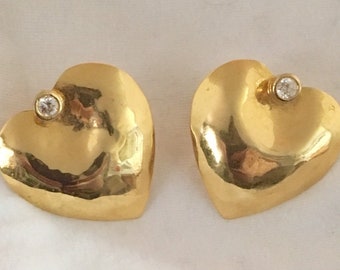 Gold plated brass heart stud earrings with cubic zirconia (can be converted to clips upon request)