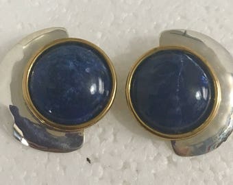 Sterling silver half circle stud earrings with brass accents and lapis stones