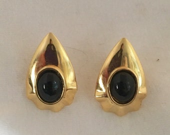 Gold plated brass rain drop earrings with black onyx stones (can be converted to clips upon request)