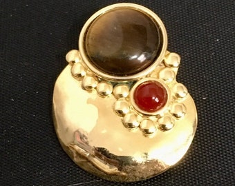 Gold plated brass circle pendant/pin with tiger's eye and carnelian stones