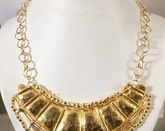 Gold plated brass bib necklace with gold plated brass wire accents and champagne bubbles and gold plated brass link chain