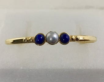 Gold plated brass cuff bracelet with lapis and fresh water pearl